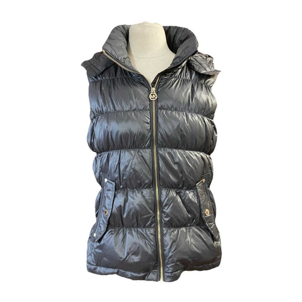 Michael Kors Women’s Down Puffer Vest Sz M hooded Gray Gold Feather $135 Outdoor